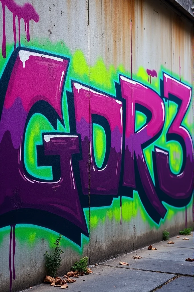 A graffiti that says GOr3 in purple and green