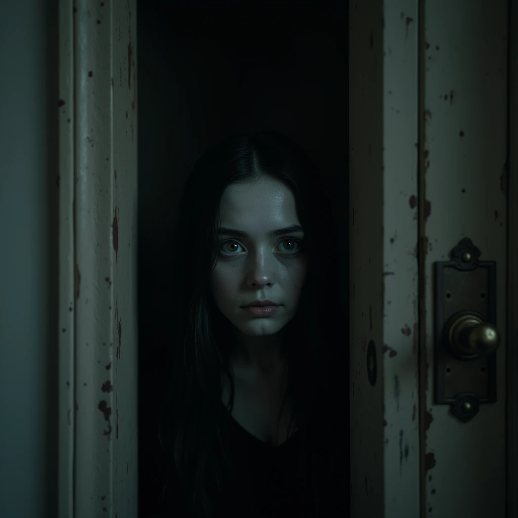 a creepy girl hiding in a liminal closet, weirdcore, cinematic lighting, dark and unsettling atmosphere, gothic architecture, photorealistic, best quality, 8k, chiaroscuro, gloomy colors, dramatic shadows, ominous mood, unsettling ambiance, detailed facial features, long hair, pale skin, wide eyes, sinister expression, haunting presence