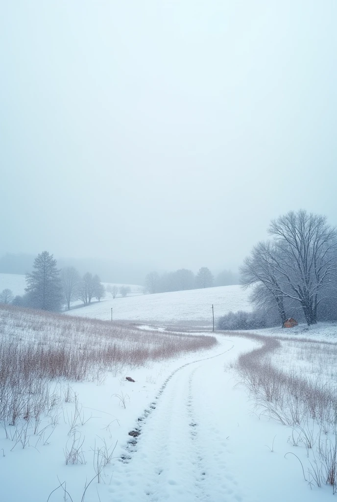 detailed snow-covered countryside, beautiful winter landscape, peaceful snowy field, rolling hills, bare trees, overcast sky, soft lighting, serene atmosphere, (best quality,4k,8k,highres,masterpiece:1.2),ultra-detailed,(realistic,photorealistic,photo-realistic:1.37),cinematic composition,muted color palette,cool tones,natural lighting