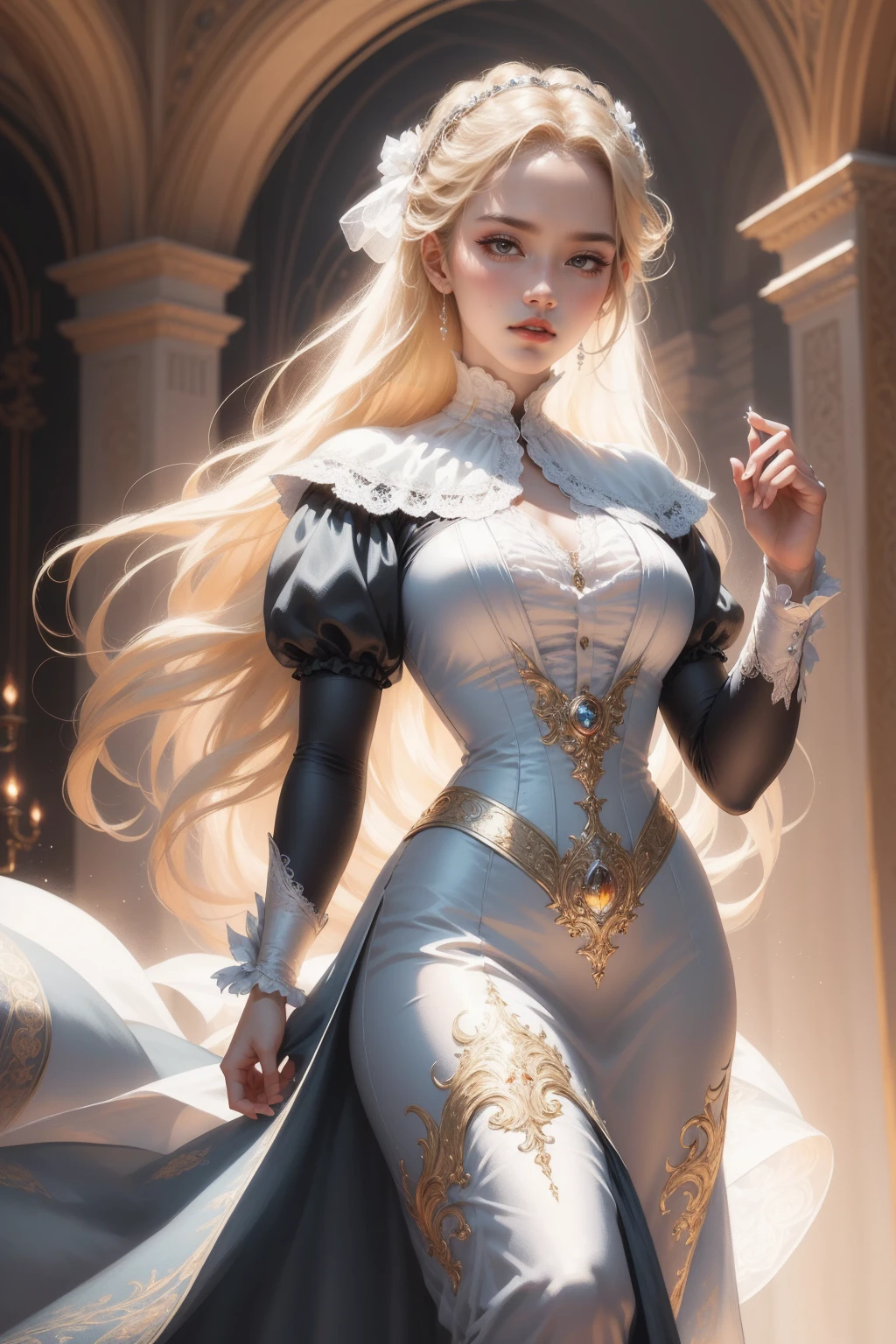 (Masterpiece - Ultra-detailed, very high resolution) Prepare to be enchanted by a true masterpiece that combines ultra-detailed art with high-resolution rendering. This work depicts a mesmerizing woman with very long blond hair (1.3) and captivating light blue eyes (1.2), emanating an aura of elegance and mystery in Victorian settings. The intricate details and realistic textures invite you to explore every aspect of this enchanting composition. Woman wearing beautiful classic Victorian costume from the year 1878. Red lips. Happy face. Smiling. white dress. Dancing lightly, upper body, dynamic poses. Get ready to dive into a world where beauty and craftsmanship merge perfectly.