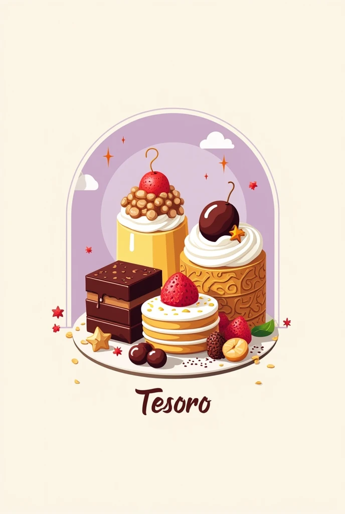 A logo for my dessert business called Dulce tesoro. I want it to be lilac, yellow and white. I sell brownies, chocoflan, cakes, cookies, etc. That it has desserts or something like that but it remains minimalist but dynamic.
