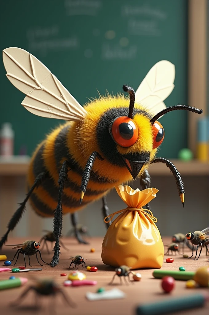Bee made from school supplies defending a bag of candy from other insects
