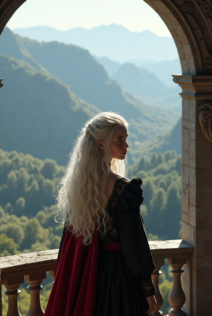 Create a girl a targaryen. She is a beautiful girl with an angelic face and long, curly, platinum-colored hair./white and she has violet eyes and she will be wearing a black and red medieval dress, and you will be on a balcony looking at the view *balcony of a castle*