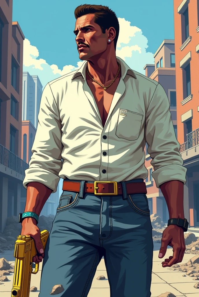 Create me CJ from GTA with a white blouse with a golden gun and in the background a destroyed city in Pixart