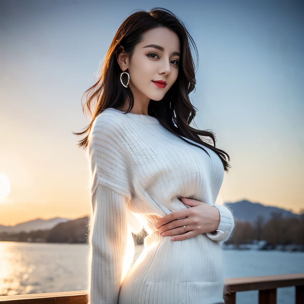 ((Top quality、8K、masterpiece:1.3))、Extremely beautiful,full-body shot,Huge breasts,Breast enlargement,Amazing breast size,G cup,Half breast exposed。Wear big earrings,Very white skin,Hydrating red lips,Very thin waist,Very thin thighs,Big Ass,Fair and smooth skin,Smooth and fair skin,Flawless skin,Fair and shiny skin,Cool white skin,Camera focuses on breasts,Bright Light,White sweater,Lower body exposed,White hair,White hair,Blizzard,Snow Mountain,Sunset,lake,sweet smile,Mouth slightly open