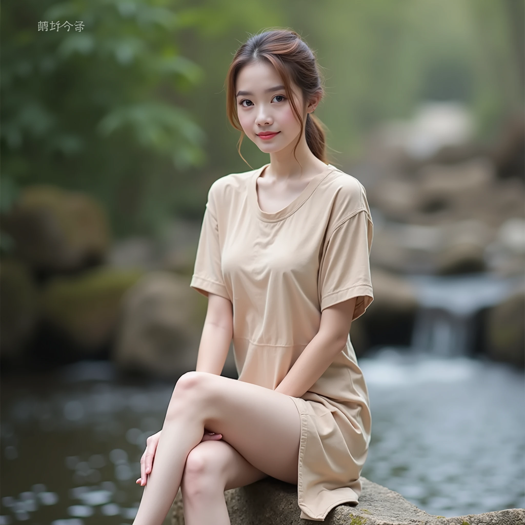 Face shape:Oval face with a slightly pointed chin.eyes:eyesขนาดกลางพร้อมการแสดงออกที่อ่อนโยน. They are tilted up slightly., General characteristics of the almond shape.eyebrow:eyebrowบางและโค้งนุ่มนวล, ตามเส้นโค้งธรรมชาติของกระดูกeyebrow.nose:noseเพรียวบางและสัดส่วนดีกับใบหน้า. It has soft curves with rounded tips..mouth:ริมฝีmouthขนาดกลาง, โดยที่ริมฝีmouthบนบางกว่าริมฝีmouthล่างเล็กน้อย. She has a gentle smile..hair:hairของเธอสีเข้มและตรง, Split to one side. hairตกอยู่รอบใบหน้า, Slightly rounded face. ความยาวของhairดูเหมือนจะถึงไหล่หรือต่ำกว่าเล็กน้อย.Neck and shoulders:She has a slender neck leading to her shoulders., Which is slightly visible in the photograph.. She is wearing a light-colored shirt., Which may have a round neckline.corner:ภาพถ่ายถูกถ่ายจากcornerสูงเล็กน้อย, So her face tilted up., ทำให้eyesและใบหน้าของเธอโดดเด่นขึ้น.