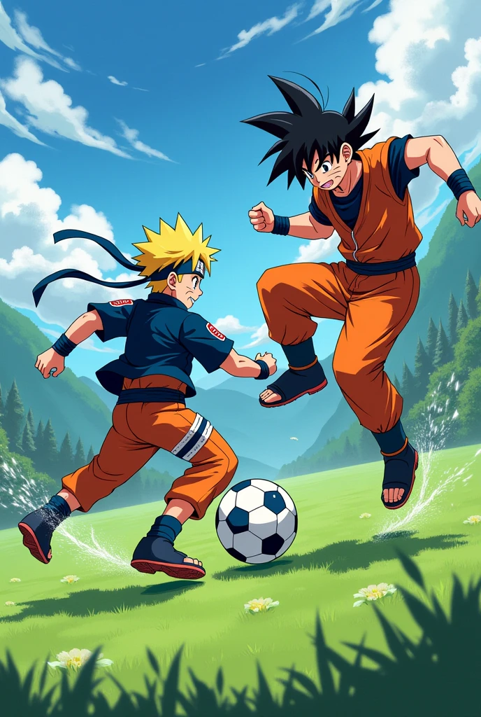 Naruto and Goku playing soccer