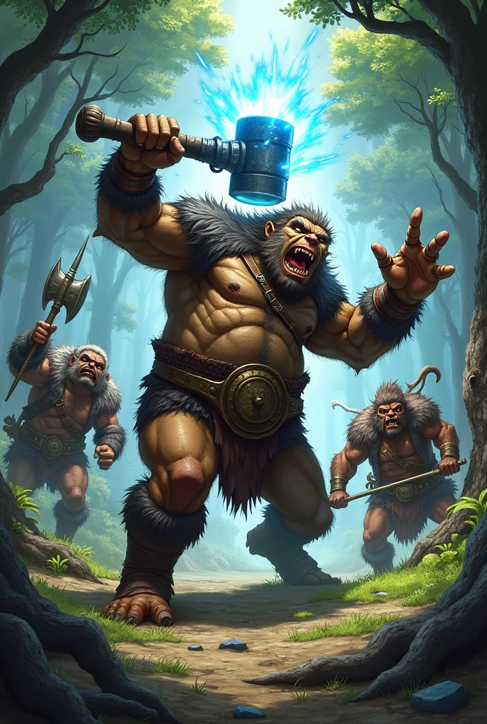 there is a painting of a troll with a hammer in his hand, bugbear, bugbear ranger, raging bugbear, epic full color illustration, grog strongjaw, fur-clad barbarian goliath, a druid, gnoll, tyler edlin fantasy art, troll, humblewood art style, high fantasy illustration, druid warrior, amazingly detailed d & d art,arc ,hache as deux main ,énergie bleu