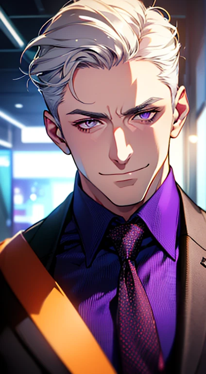 (best quality, masterpiece, 8K, photorealistic, cinematic lighting, hdr image, ultra detailed, beautiful image), 1 man, 3, mature man, very handsome, (without expression, smile), short white hair, purple eyes ( penetrating gaze), perfect face without errors, imposing posture, without errors, businessman, office background