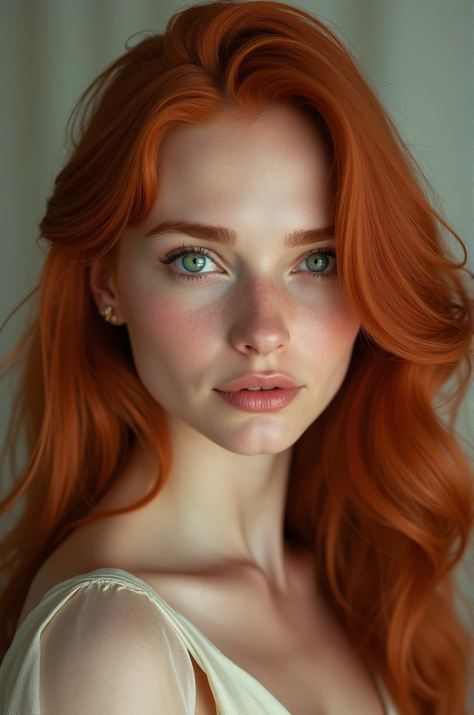 Beautiful girl Her hair is deep red, similar to a burnt copper. She flows elegantly around her face, reaching the middle of her back.
Her eyes are as green as emerald, sparkling with intelligence and enthusiasm. It has its attractive European facial features.
Her skin is smooth and white, harmonious with her red hair color.
Always dress in a classic and elegant style, with modern touches. She likes to wear long dresses with straight cuts.