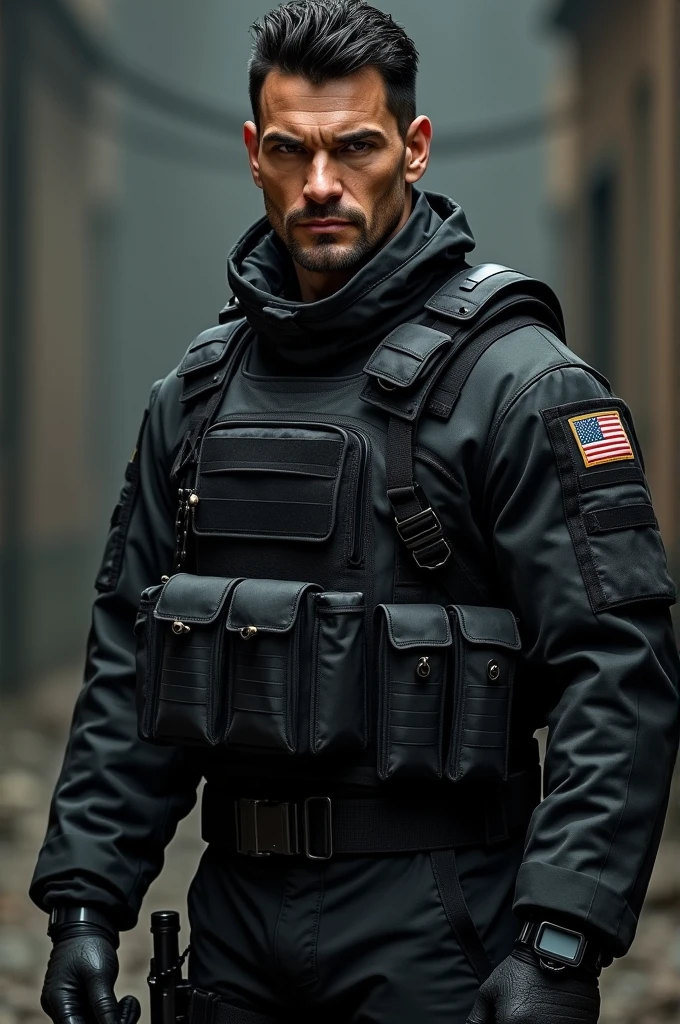 Create a handsome guy in his 30s, black hair, tanned skin, black eyes, muscular, dressed in a well-equipped black combat suit