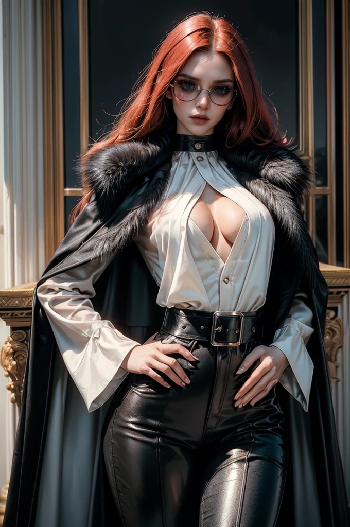 a beautiful young woman with long red hair, slim body, thin waist, narrow hips, detailed facial features, ((wearing high quality high waist black leather pants)), ((wearing formal white colored silk shirt with cleavage and long sleeves)), ((wearing black fur coat)), ((coat on shoulders)), ((red lining)), ((double luxury waist belt)), ((slightly red tinted glasses)), ((expensive reflective silk scarf)), holding a handbag, hand on waist, (best quality,4k,8k,highres,masterpiece:1.2),ultra-detailed,(realistic,photorealistic,photo-realistic:1.37),high fashion,editorial,dramatic lighting,cinematic,vivid colors,intricate details, glamorous