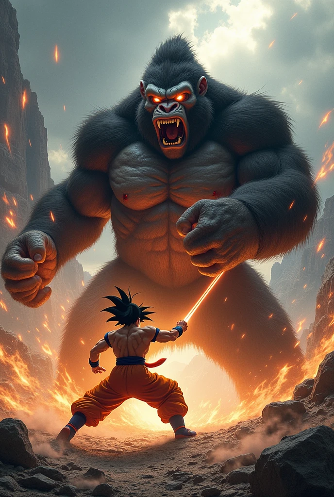 Goku fighting with realistic king Kong