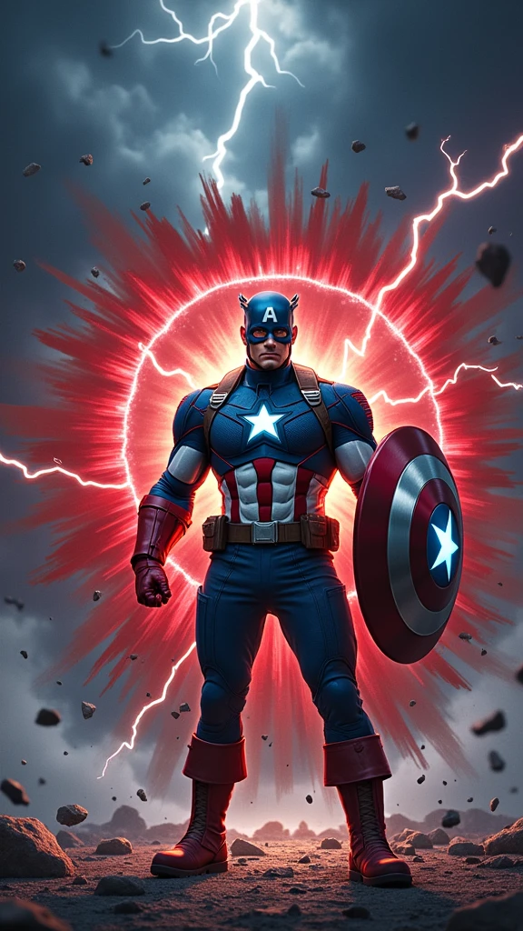 Depict Captain America in a powerful, dramatic scene where a fragment of the Reality Stone fuses with his iconic shield. The image should capture the moment of fusion with intense energy radiating from the point of contact between the stone and the shield. The Reality Stone, glowing with a vibrant and ominous red light, should be merging into the center of the shield, causing red and blue energy to swirl and intertwine around it. Captain America stands at the center of the scene, his expression a mix of determination and awe as he grips the shield tightly. His stance is strong and grounded, as if bracing against the surge of power. The background features a stormy sky, dark clouds swirling with flashes of lightning, reflecting the turmoil of the transformation. The ground beneath him cracks and splinters, with debris being pushed outward by the force of the energy. The shield itself should be illuminated with a glowing aura, and the red from the stone should contrast sharply with the