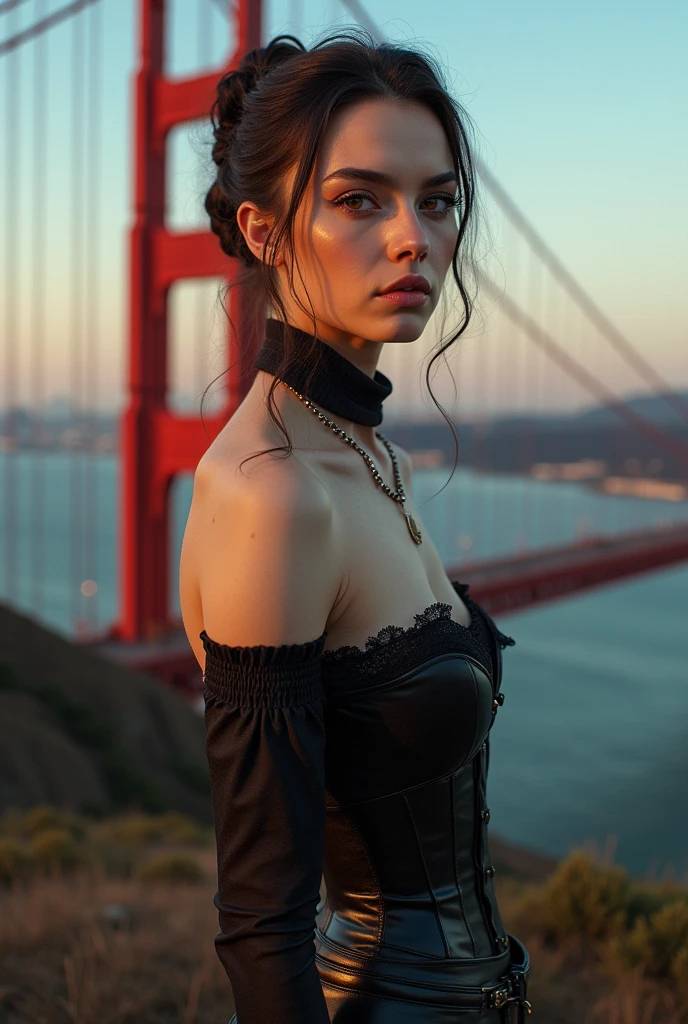 (detailed face), (detailed facial features), (thin skin), pale skin, great details, reflection, (art teacher), (perfect proportions), (realistic photos), (Highest quality), taken with Canon EOS R5 , 50mm lens, F/2.8, hdr, (8k), (background), (film lighting), (dramatic lighting), (sharp focus), (complex), (victorian bust corset and leather pants) , sexy high heels, (full body photos), (take different poses and angles), background at the Golden Gate Bridge in San Francisco