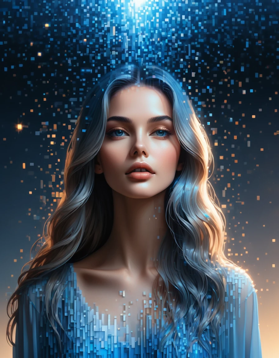 (best quality,4K,8K,high resolution,masterpiece:1.2),Extremely detailed,(Practical,photoPractical,photo-Practical:1.37), Pixel Art, woman portrait, Extra long hair，Beautiful and delicate face, Vibrant blue gradient, Dissolving effect, The entire structure gradually disintegrated in mid-air, Sunlight shines in through the partially cut-out parts, Holographic universe space background