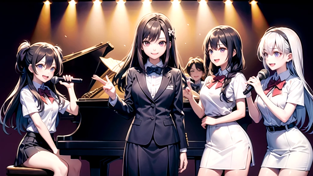 highest quality, A high school girl with long, dark blue hair,School uniforms, Purple eyes,smile,Live stage singing in the School Music Room, grand piano