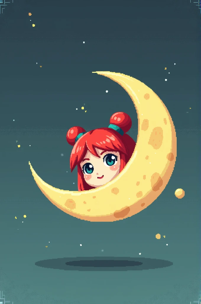 A pixel art moon with the top of a redheaded woman's head with two buns in her hair