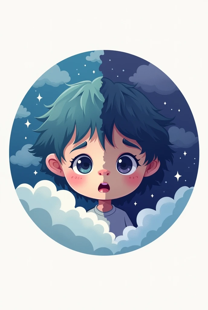 Design a logo in the shape of a split circle. One half should show the dream world with soft colors (blue, purples) and elements like stars and clouds. The other half should represent a child with dark circles with stronger colors and contrast. The transition between both halves should be smooth..