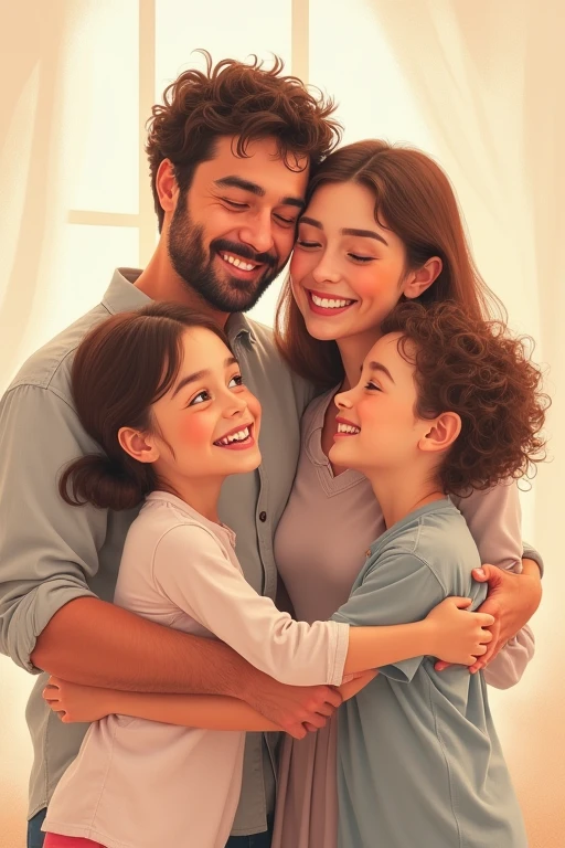 ((Highest quality)), ((masterpiece)), Family of 4,2 children,smile,They are hugging each other,Pastel illustration,A little younger,Beardless