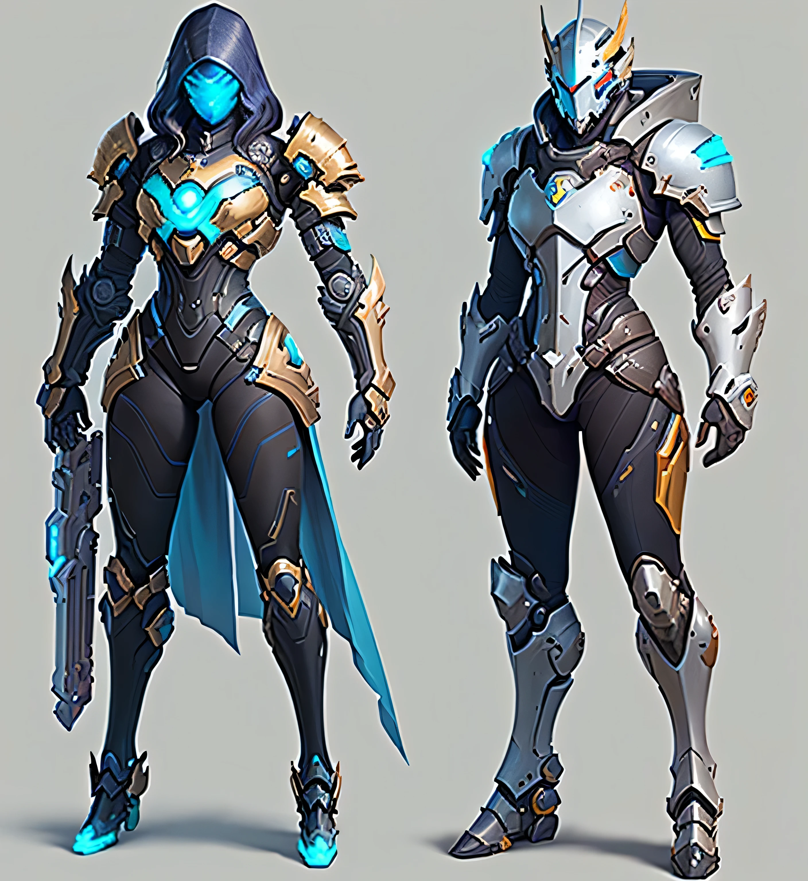 There are two different types of armor that are shown, knees, by Pedro Pedraja, league of legends style, surveillance project, concept armor, Exoskeleton Armor, concept sheet, concept art style, cyan and gold scheme, Overwatch skin, riot games concept art, Armor Elements, full body concept, go, Protoss, inspirado em overwatch