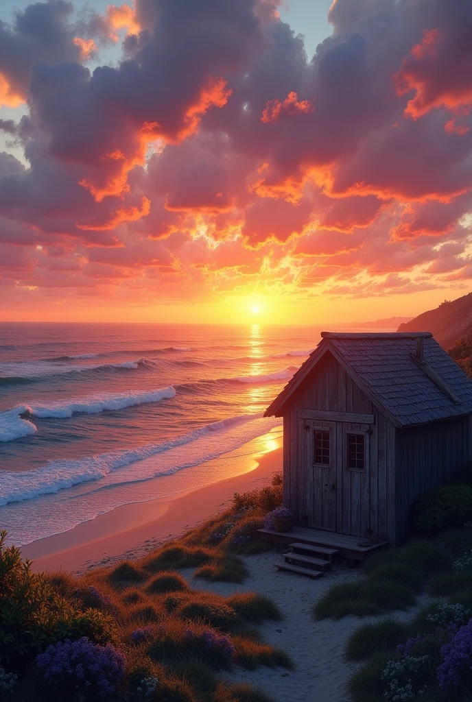 A beautiful sunset at sea with a cabin.