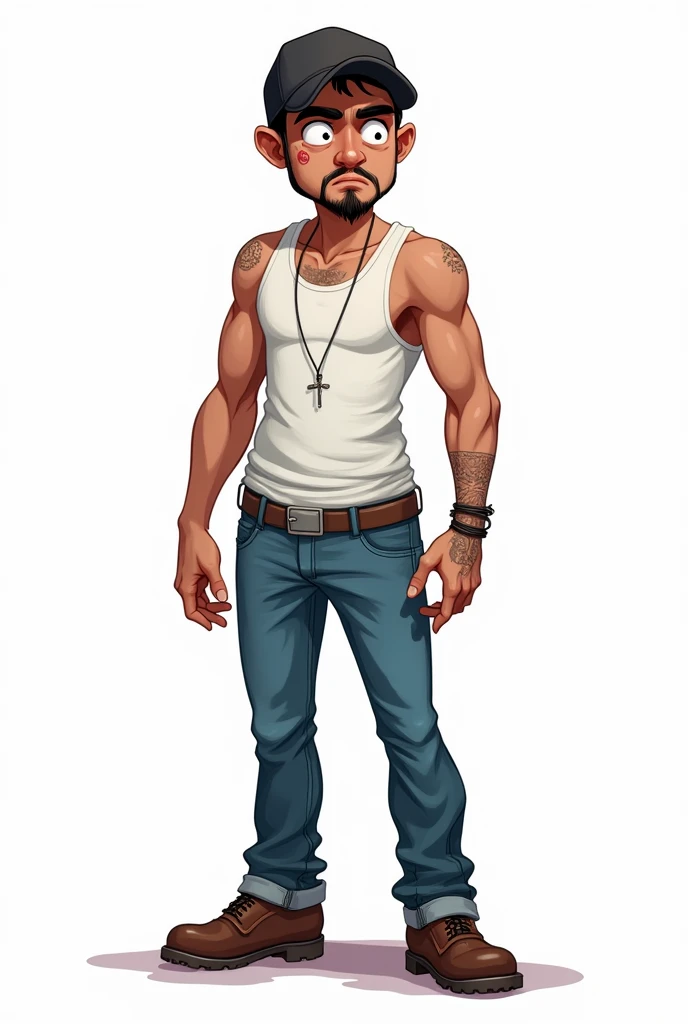 drawning, bright coloured, naughty man, short stature, 1,65 tall, 60 kilos, stark, goatee, brown skinned, Black cap, white tank top, blue jeans, brown dress shoe, Seriously, zombie apocalypse theme, hq-style, white background, fully body