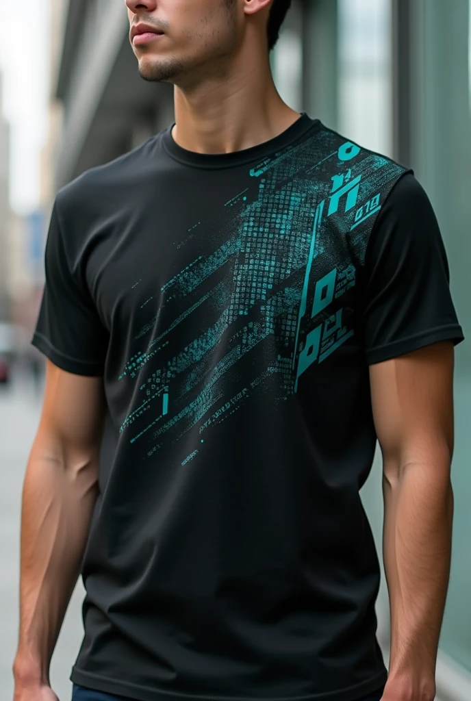 Black T-shirt with light turquoise details related to the binary system