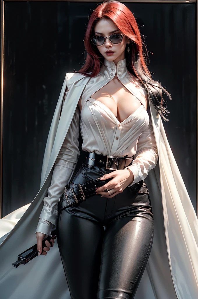 a beautiful young woman with long red hair, slim body, thin waist, narrow hips, detailed facial features, ((wearing high quality high waist black leather pants with metal decoration)), ((((wearing formal white colored silk shirt with cleavage and long sleeves)))), ((wearing black fur coat)), ((coat on shoulders)), ((red lining)), ((double luxury waist belt)), ((slightly red tinted glasses)), ((expensive reflective silk scarf)), holding a handbag, hand on waist, (best quality,4k,8k,highres,masterpiece:1.2),ultra-detailed,(realistic,photorealistic,photo-realistic:1.37),high fashion,editorial,dramatic lighting,cinematic,vivid colors,intricate details, glamorous