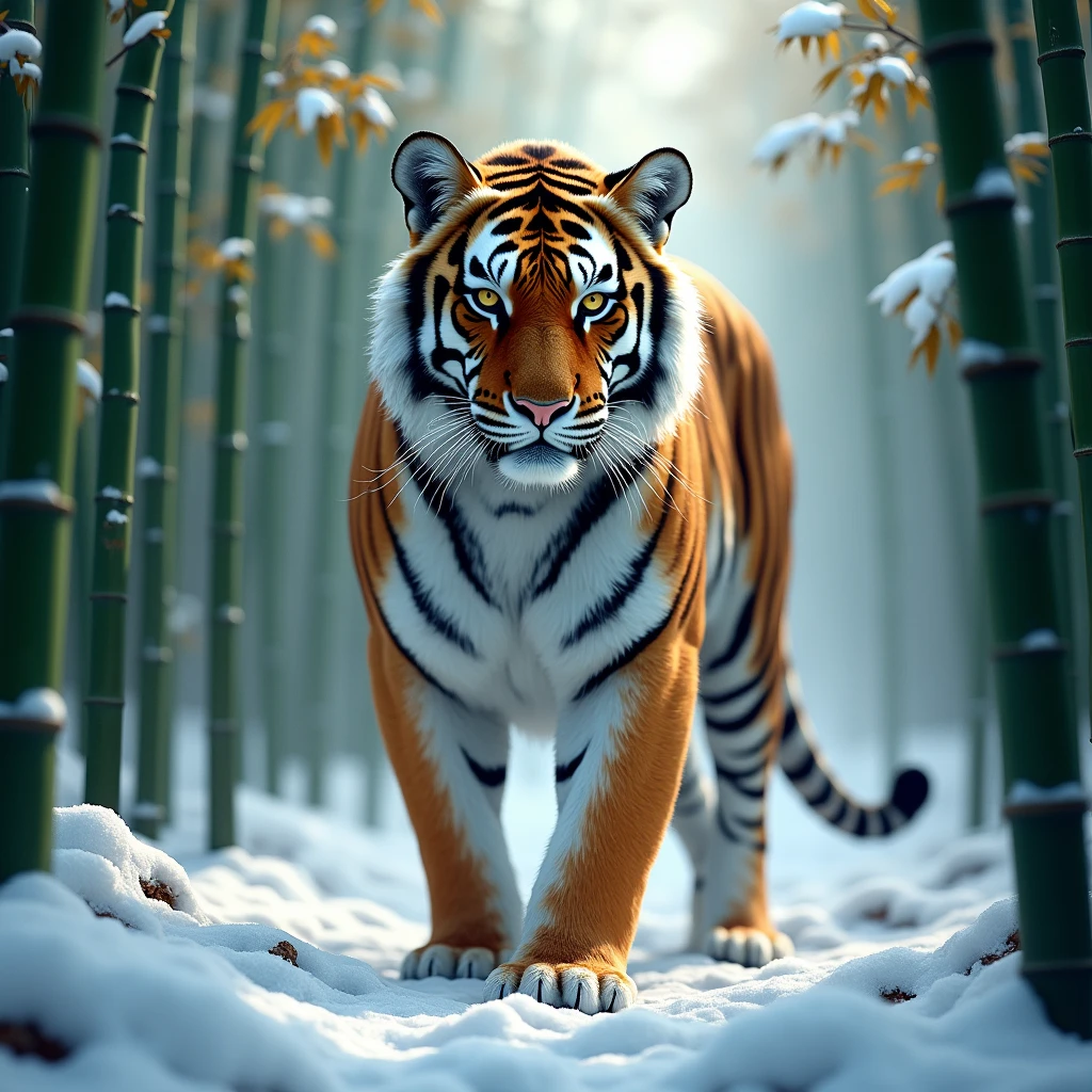 a majestic tiger in a bamboo forest, snow covered landscape, detailed fur texture, dramatic lighting, 8k, photorealistic, vibrant colors, highly detailed, realistic, masterpiece