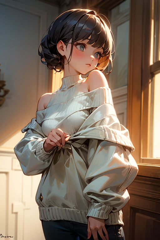 ((Best Quality)), ((masterpiece)), (detailed), 1 girl, off shoulder sweater,