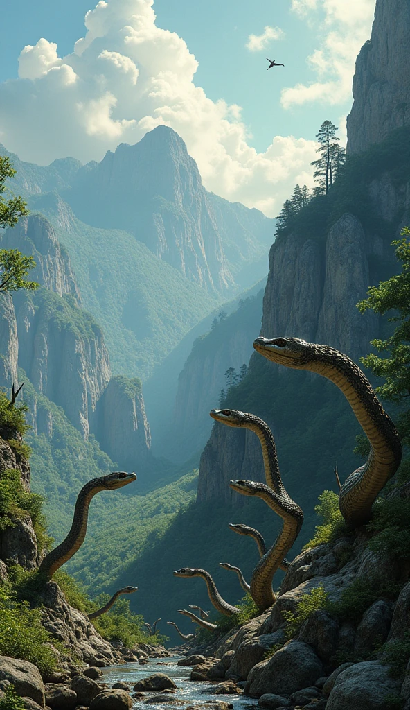 ((best quality)), ((masterpiece)), (detailed), many giant snakes are moving on a mountain forest, the forest is smaller than the giant snakes, the heads of the moving snakes look up at the sky