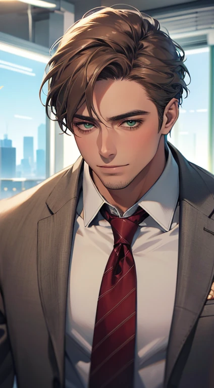 (Highest quality,4K,8K,High resolution,masterpiece:1.2),Super detailed,(Realistic,photoRealistic,photo-Realistic:1.37),1 personld,Mature Men,Beautiful skin、very handsome,Expressionless smile in love,Short gray brown hair,green eyes,Sharp Eyes,A perfect face without a doubt,Businessman, CEO, Office Background,Cinema Lighting,HDR image,tie、