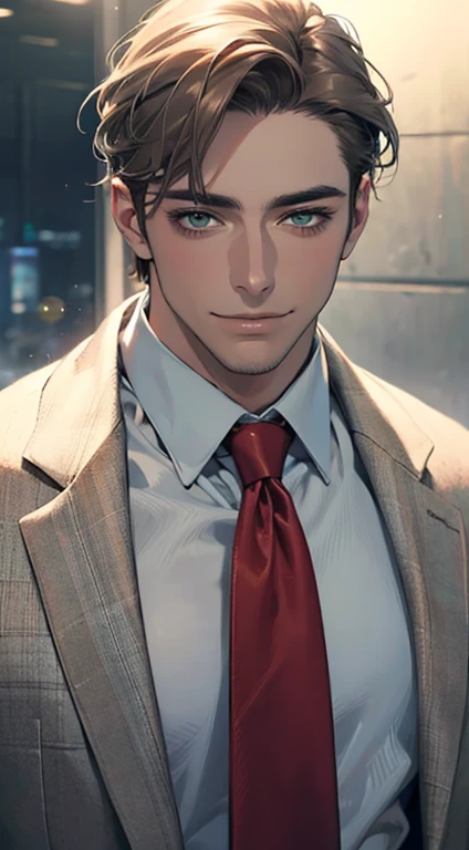(Highest quality,4K,8K,High resolution,masterpiece:1.2),Super detailed,(Realistic,photoRealistic,photo-Realistic:1.37),1 personld,Mature Men,Beautiful skin、very handsome,Expressionless smile in love,Short gray brown hair,green eyes,Sharp Eyes,A perfect face without a doubt,Businessman, CEO, Office Background,Cinema Lighting,HDR image,tie、