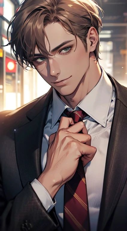 (Highest quality,4K,8K,High resolution,masterpiece:1.2),Super detailed,(Realistic,photoRealistic,photo-Realistic:1.37),1 personld,Mature Men,Beautiful skin、very handsome,Expressionless smile in love,Short gray brown hair,green eyes,Sharp Eyes,A perfect face without a doubt,Businessman, CEO, Office Background,Cinema Lighting,HDR image,tie、