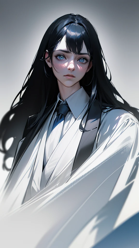 a man with long black hair, blue eyes, wearing a suit, portrait, ((best quality,4k,8k,highres,masterpiece:1.2),ultra-detailed,(realistic,photorealistic,photo-realistic:1.37)),extremely detailed face and eyes, intricate details, chiaroscuro lighting, dramatic shadows, cinematic composition, moody color palette, deep blue tones