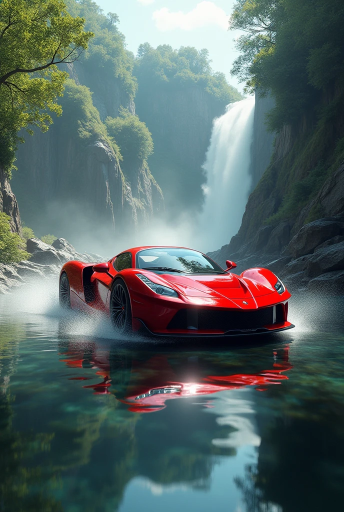 A red car and water falls