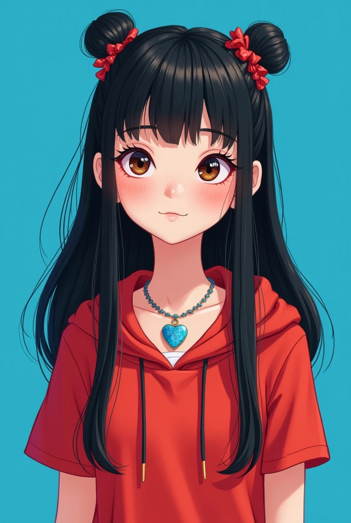 Disney image of a  girl with white skin and black hair, straight , long, Book hairstyle with ruffles and red t-shirt, the hood of the t-shirt put on the head and a necklace with a blue heart on a bright blue heart background 