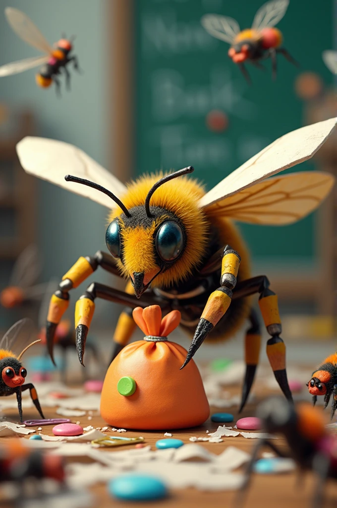 Bee made from school supplies defending a bag of candy from other insects 