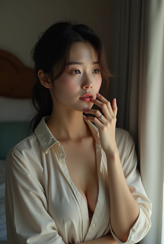 Japanese women、Bedroom、Selfie fair skin、Big Breasts、single eyelid、Year: 35、Moderate、shirt、wedding ring