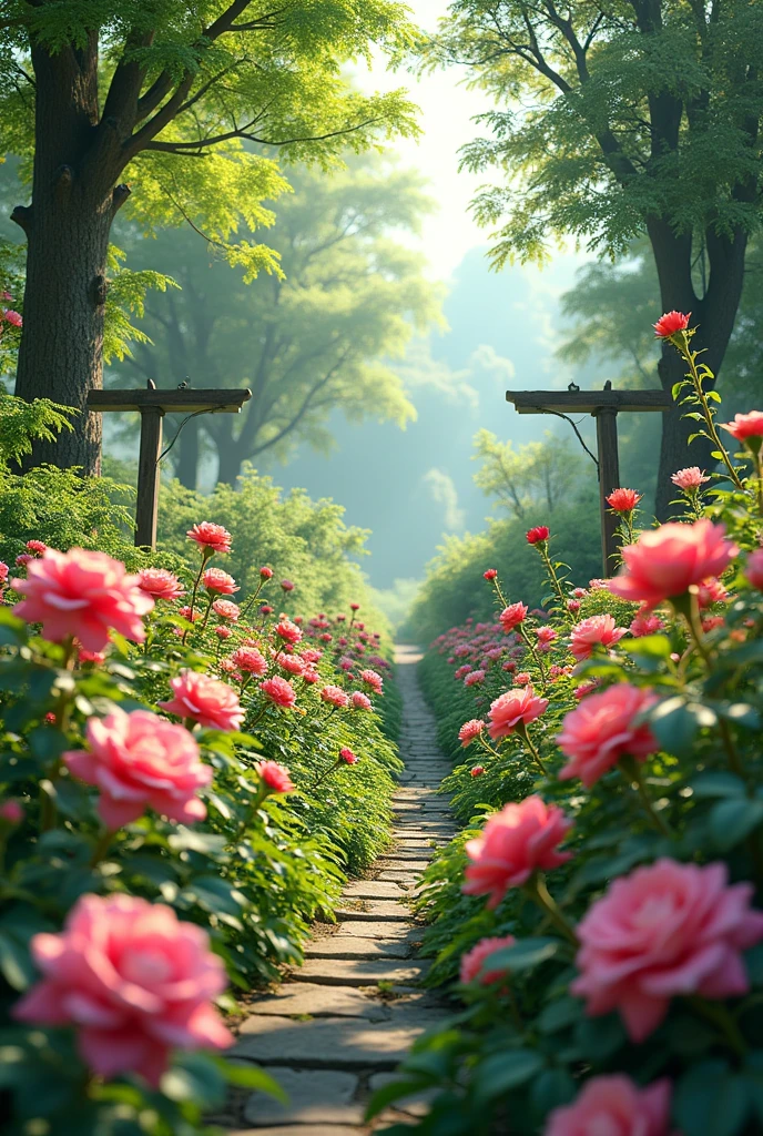 A large garden with plants and leaves, various flowers and roses, in the spring season,