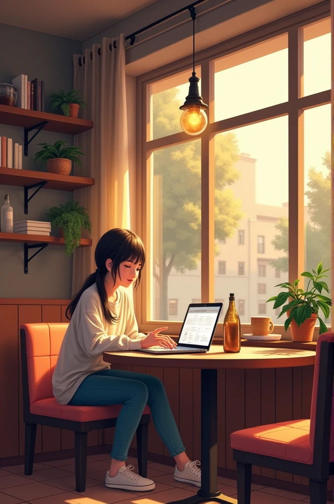 Make an illustration of a coffee shop, a place full of tranquility., and there is a laptop on the table playing music 