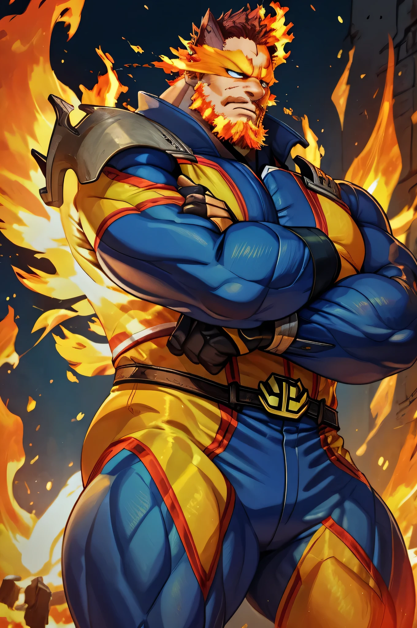 (masterpiece, best quality:1.2) solo, male focus, 1boy, endeavor, muscular male, large pectorals, expressionless, closed mouth, looking at viewer, crossed arms, superhero, blue bodysuit, fingerless gloves, fire