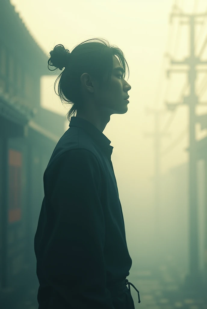 Shadow of japanese man with music in his head  