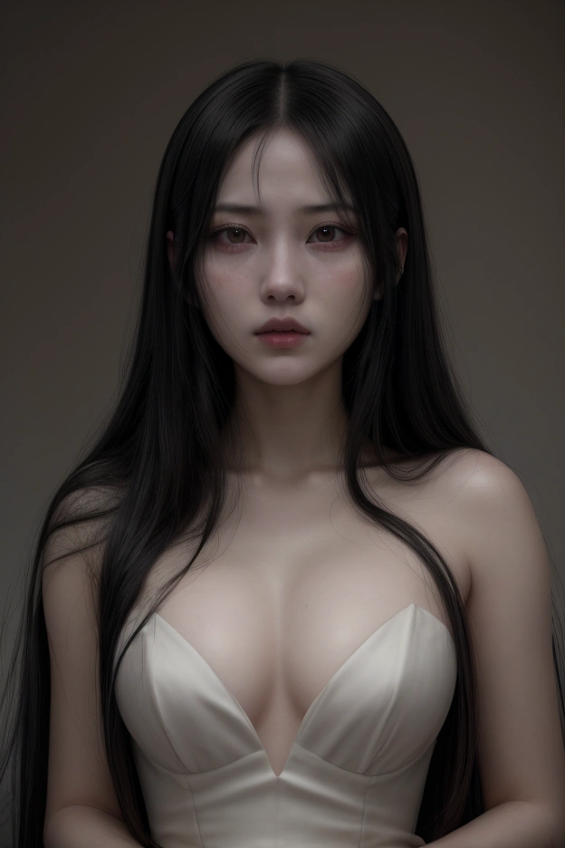 a_girl_with_long_black_hair,yamamura_sadako,detailed_and_realistic_facial_features,beautiful_detailed_eyes,beautiful_detailed_lips,extremely_detailed_face,longeyelashes,creepy_atmosphere,horror,supernatural,ghostly,pale_skin,wearing_a_white_dress,haunting,ominous,dark_lighting,moody_lighting,muted_colors,dramatic_shadows,cinematic,masterpiece,best_quality,8k,highres,ultra-detailed,photorealistic