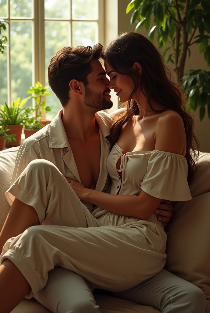 (photorealism:1.2), beautiful woman, sitting on boyfriend Leg,wearing loose off-shoulder top, Gray color top andpajama pants, long brown hair, indoors, soft lighting, plants in background, window with sunlight, cozy room, hot pose, realistic, intricate details, warm colors, by Greg Rutkowski, by Alphonse Mucha,big breast, kissing boyfriend,