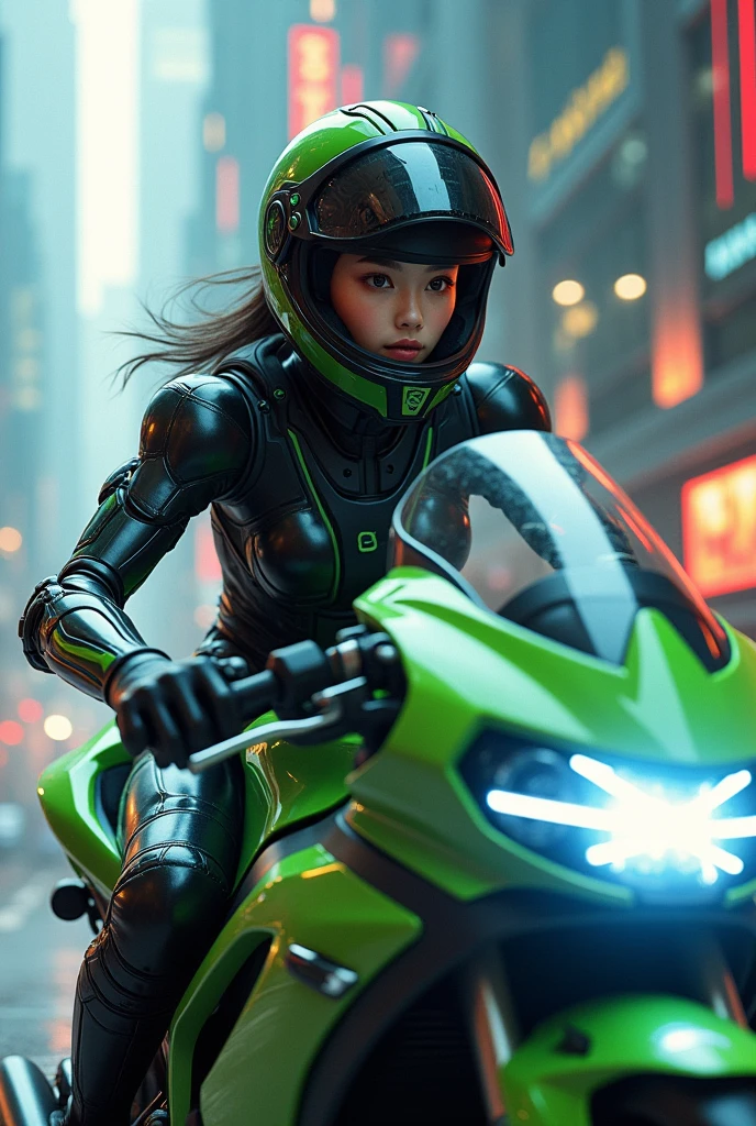 Highest image quality, outstanding details, ultra-high resolution, (realism: 1.4), the best illustration, favor details, highly condensed 1girl, with a delicate and beautiful face, dressed in a black and green mecha, wearing a mecha helmet, holding a directional controller, riding on a motorcycle, the background is a high-tech lighting scene of the future city.