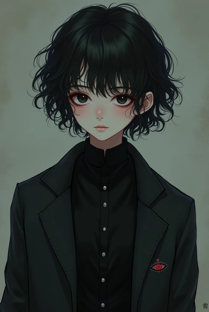 A character in the style similar to chainswanman, Trans man, shorth hair, but at neck height, he is very effeminate, He has 1,50 tall, dark eyes and black hair and he wears a black overcoat, curly hair, on the coat there is a little eye with a red pupil and it is on the left and it is small,  just like a symbol and inside he wears a black blouse with a high collar, curly hair, he has a little dark circles, he has a fringe on his right eye. And his name is Eliot Orpheus, não esquece a franja do curly hair

