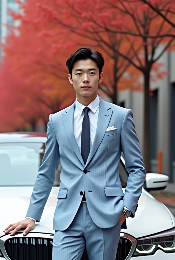 (A man in a full light blue striped suit、White shirt、tie、About 2、Japanese man with a height of 180cm)、best quality、masterpiece、Ultra-high resolution、(Photo Realism:1.4)、original photo、(A man in a full light blue striped suit outdoors on the street、White shirt、Young handsome Japanese man in tie、Stand under a red maple tree、Big red maple leaf、Delicate leaves、branch details)、(There is a white BMW car next to the man、man'Place your hands on the roof of your car) shadow、Octane Rendering、8k、Super sharp、Real Lighting、(There is only one white BMW on the street、man'Shining eyes、Looking in the direction of the camera)、Leading、Ultra-high quality、High target、gentleman、Very beautiful hair、Bright photos、Handsome as a model、Handsome as an idol,Professional profile photo, Professional portrait photos、Realistic portraits, Detailed color portrait, Idol portrait, High target quality portrait.