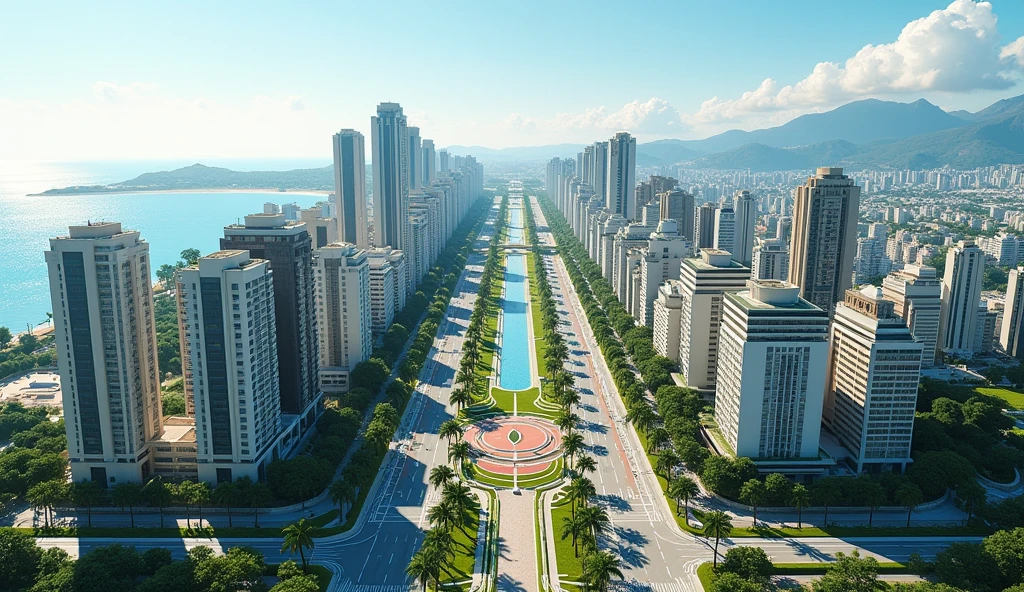 Aerial view of a symmetrical coastal city with a central boulevard lined with palm trees and green spaces. The boulevard is flanked by two wide multi-lane streets., Each is bordered by 120-meter-high, 33-story residential and office buildings.. The buildings vary in color and style., Some have flat roofs and others have sloping roofs.. The city stretches out towards the horizon and in the distance lies a park. Crosswalks and intersections are visible, which indicates a well-planned urban infrastructure. The overall scene is bright and clear, which suggests a sunny day.